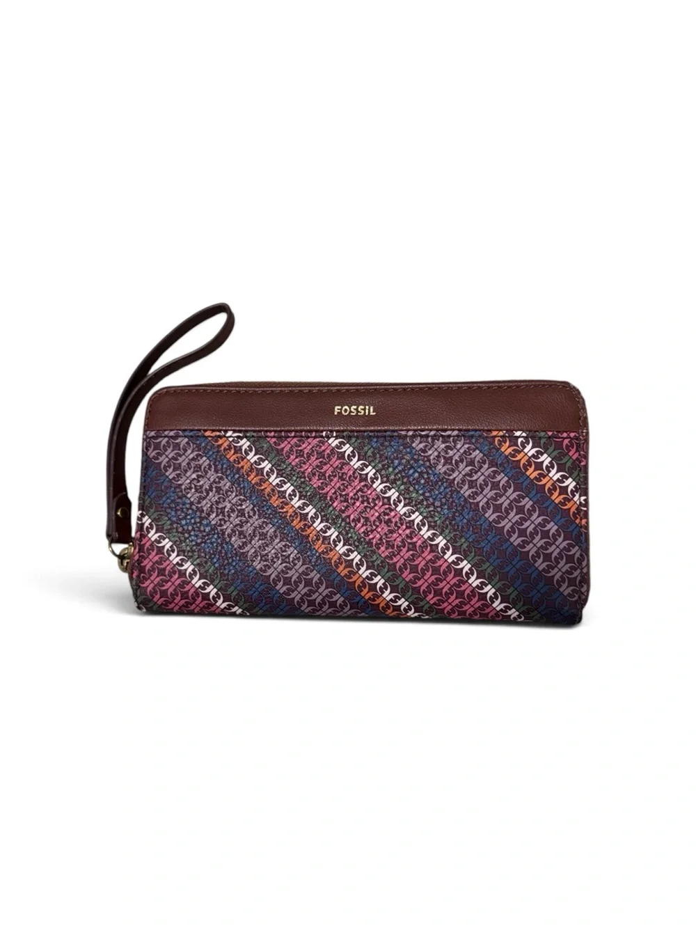 Fossil Diagonal Multicolor Signature Wristlet in Brown Trim